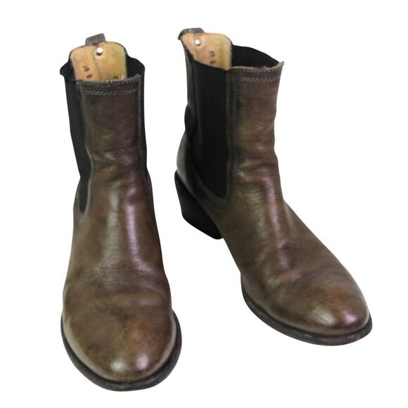 Frye OLIVE BROWN GENUINE LEATHER LOW HEEL ROUND TOE ELASTIC ANKLE BOOTS Sz 10B - Picture 1 of 12